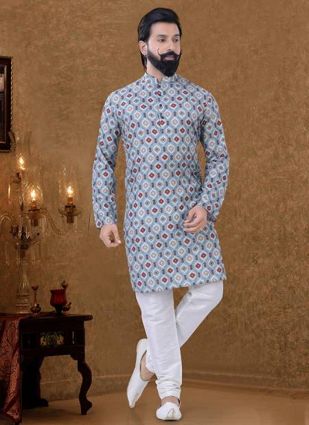 Sky Blue New Printed Ethnic Wear Cotton Mens Kurta Pajama Collection KS 1537
